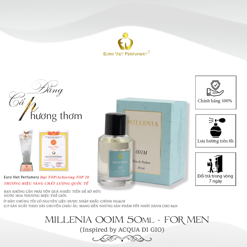 Nước Hoa Nam Cao Cấp MILLENIA 001M Nam Tính, Tinh Tế, Tươi Mát Lưu Hương 7 - 12 Tiếng 50ml